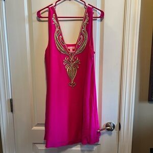 Lilly Pulitzer Pink Sleeveless Dress with Gold Embroidery